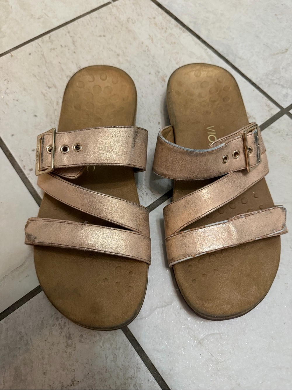 Vionic Rose Gold Triple-Strap Slide Sandals